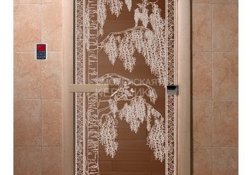 Дверь бан. DW 2000*700 кор. ольха-липа, БРОНЗА, с рис. Березка, левая (01974) 1