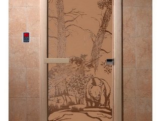 Дверь бан. DW 2000*800 кор. ольха-липа, БРОНЗА МАТОВОЕ с рис. Мишки (00939)