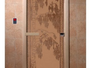 Дверь бан. DW 2000*800 кор. ольха-липа, БРОНЗА МАТОВОЕ с рис. Березка, левая (00906)